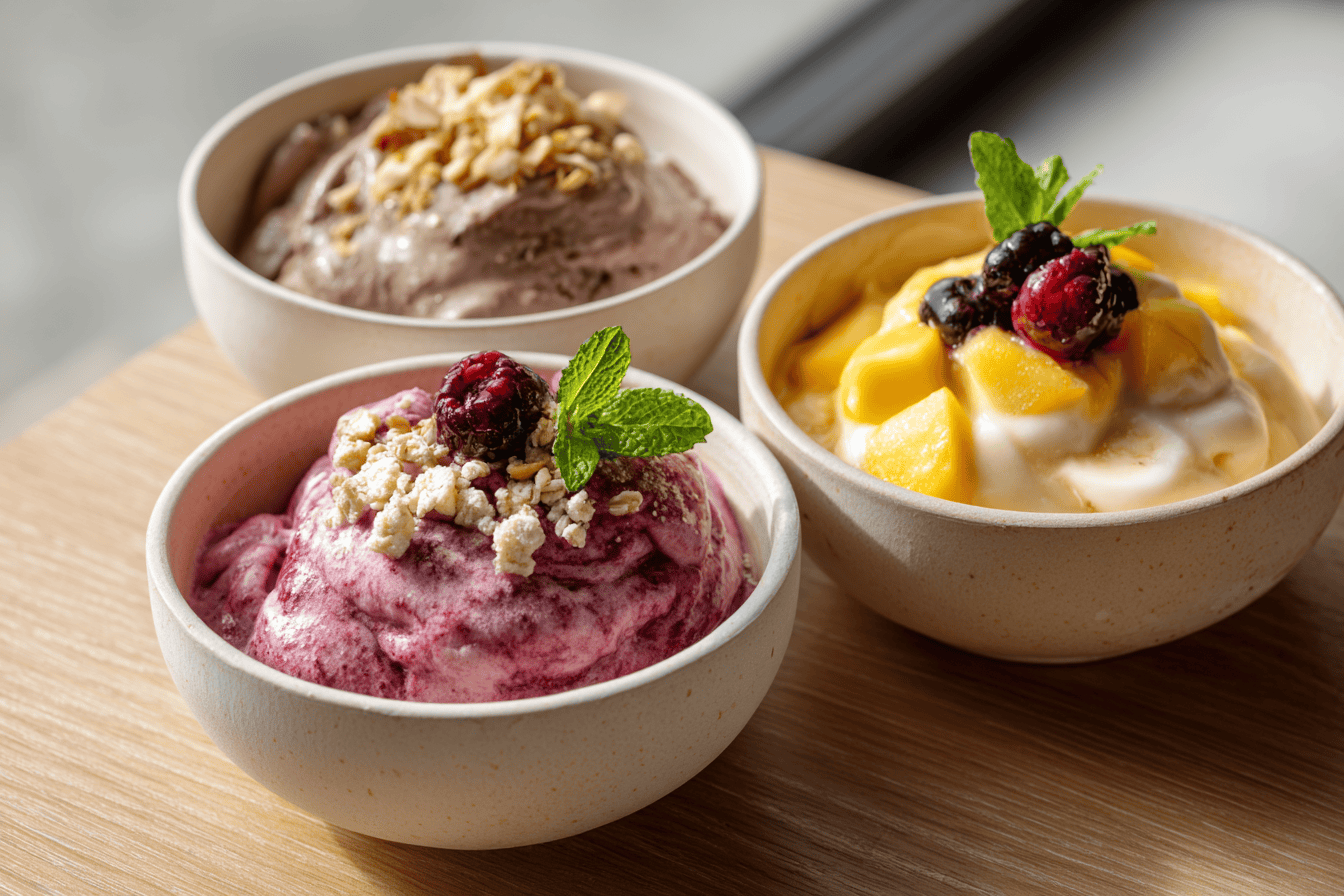 Verschiedene Nicecream-Varianten mit Schokolade, Beeren und Mango