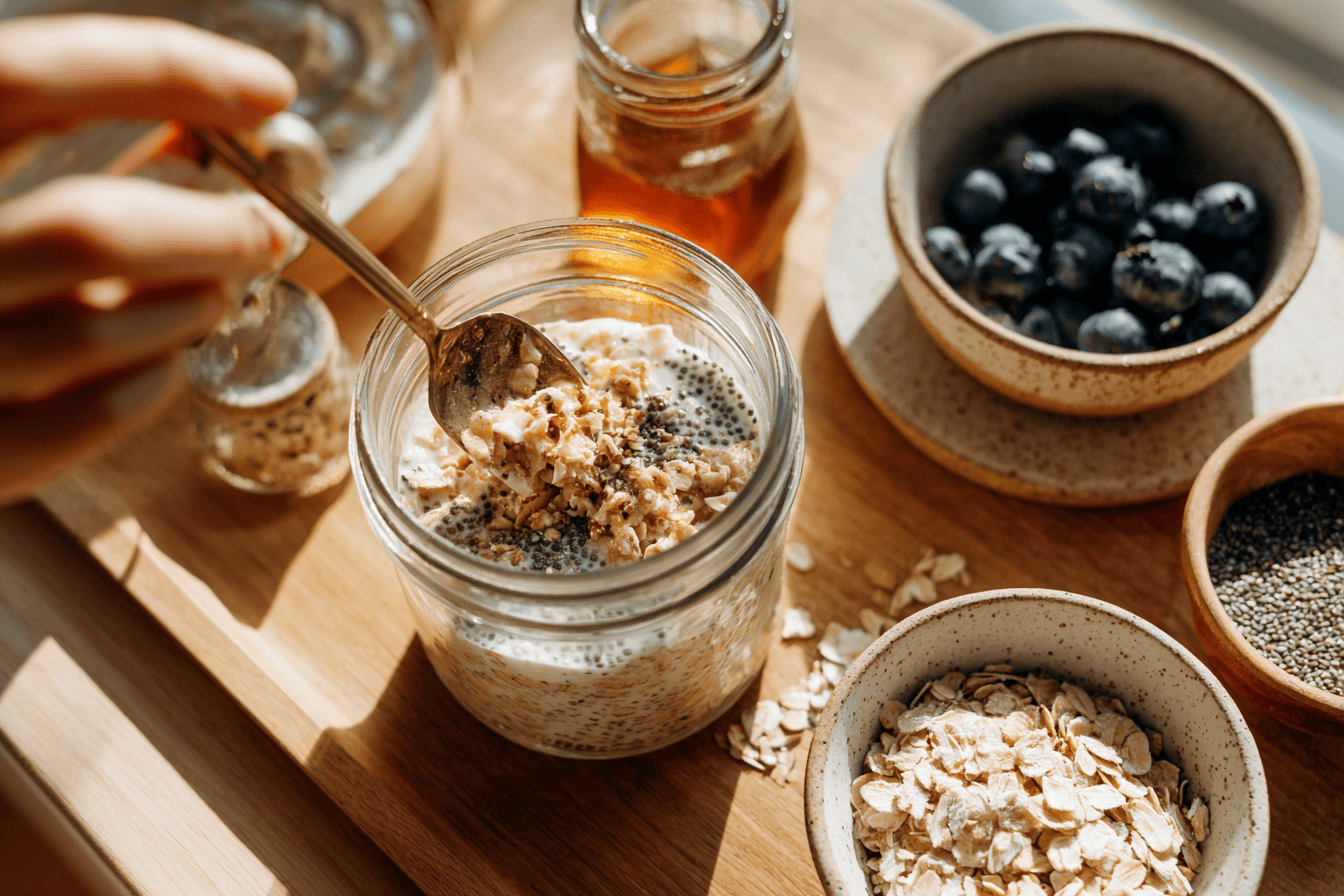 Overnight Oats zubereiten: Haferflocken mit Joghurt und Chiasamen im Glas verrühren