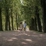 Paar spaziert entspannt auf Waldweg unter alten Bäumen, Bewegung und Wellness in der Natur