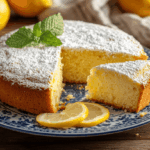 Amalfi-Zitronenkuchen mit Ricotta ohne Zucker, saftig angeschnitten und mit Puderzucker bestäubt, garniert mit Minze und Zitronenscheiben auf blau-weißem Keramikteller
